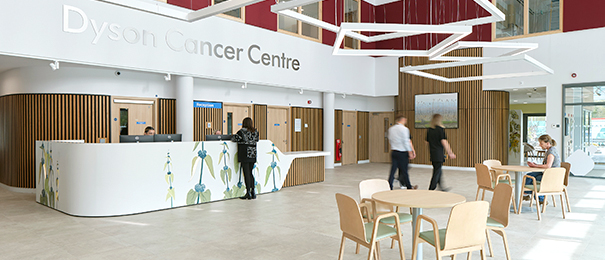 The Dyson Cancer Centre atrium showing the main reception desk
