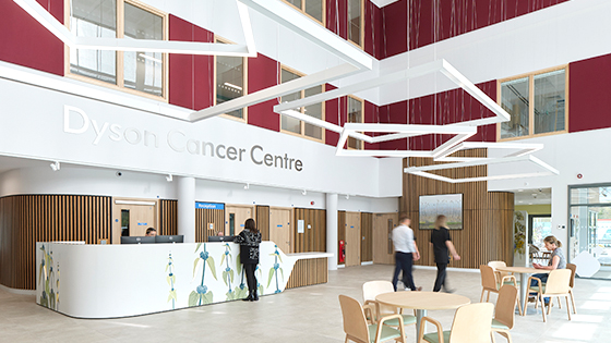 The Atrium of the Dyson Cancer Centre showing seating for patients and the main reception desk