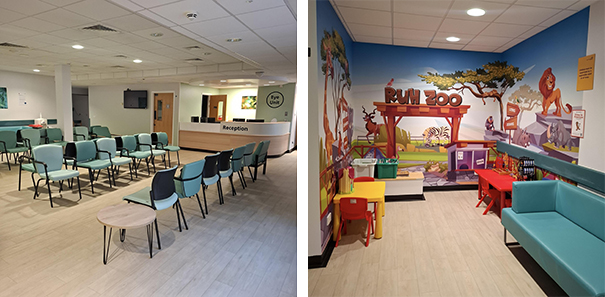 Two photos of our waiting area showing the reception desk and chairs, and the children's play area