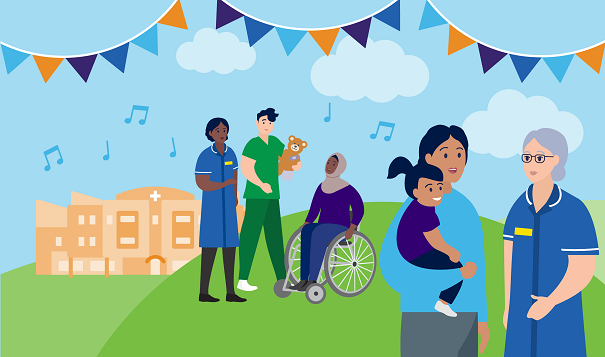 Illustration of people meeting chatting with hospital staff with music playing in the background, bunting, a blue sky, and the hospital in the background